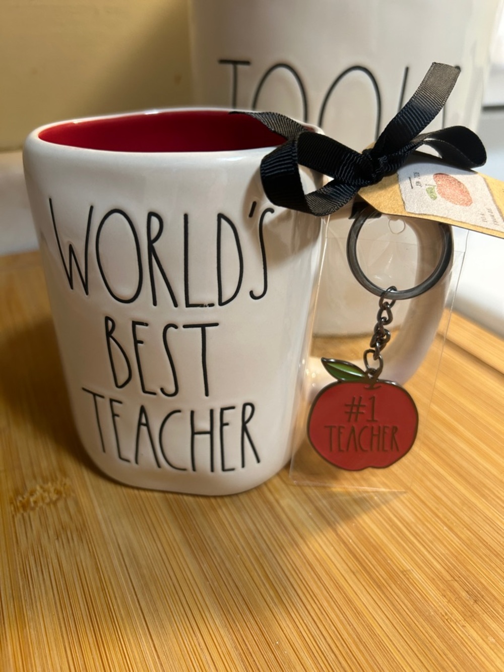 Rae Dunn Cream Mug with Red Interior and Apple key chain